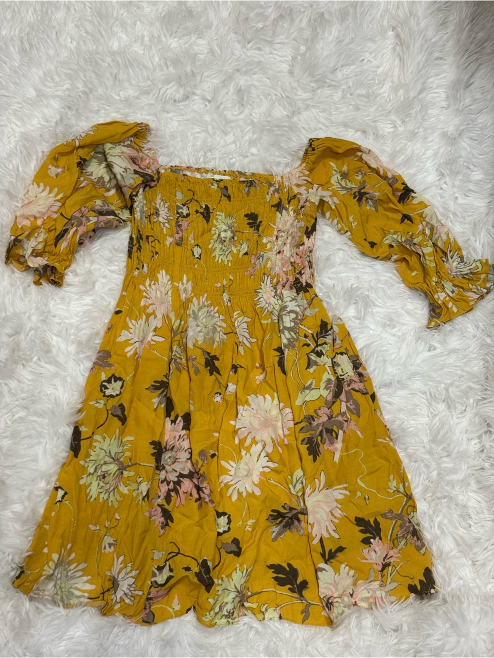 H&M Mustard Yellow Floral Smocked Mini Dress S Puff Sleeve Square Neck Boho Fall